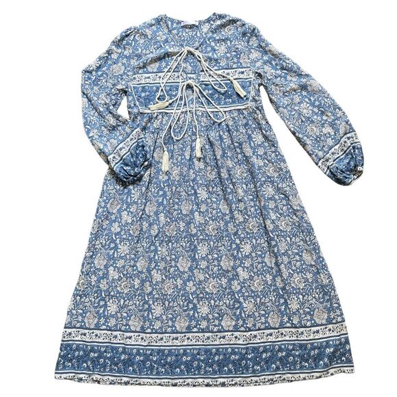R. Vivimos blue and white floral long elastic sleeve Dress, tassel closure, Sz S - Picture 7 of 13